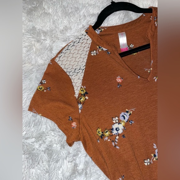 No Boundaries Boho Brown Floral tunic Dress short sleeves belt x-large 15/17 new - Picture 4 of 10